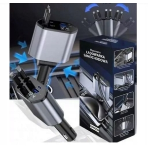 SZYBKA ŁADOWARKA SAMOCHODOWA DO TELEFONU 4w1 WYSUWANA KABEL USB-C LIGHTNING